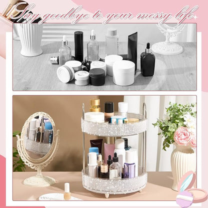 Honeydak 360 Rotating Perfume Organizer Gift for Women, Rhinestone Preppy Skincare Organizer Bathroom Counter Makeup Holder Skincare and Perfume Storage for Cosmetic(2 Tiers,Pearl,White)