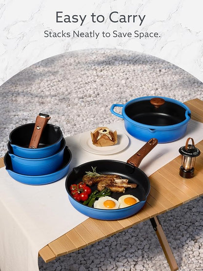 CAROTE 20Pcs Titanium Cookware Set, Pots and Pans Set Non Stick, Kitchen Cooking Set with Detachable Handle, Non Toxic Induction Cookware - Camping Cookware, Dishwasher/Oven Safe, Blue