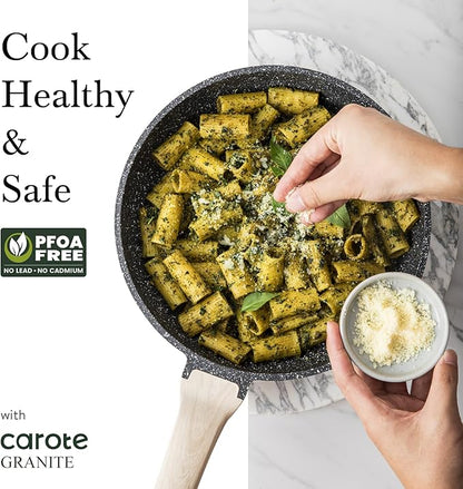 CAROTE Non Stick Frying Pan Skillet, Omelet Pan, Healthy Non Toxic Granite Chef Pan, Induction Compatible Egg Frying Pan with Heat-Resistant Handle, PFOA-Free,Black, 12"