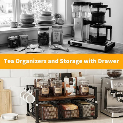 Tea Bag Organizer, Teabag Holder with Storage Drawer, Wood Tea Organizers and Storage Chest, Tea Station Chest Display Container Box for Countertop Kitchen (Rustic Brown)