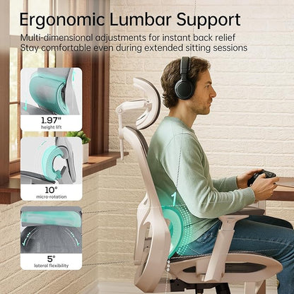 Hbada P2 Ergonomic Office Chair, Office Chair with 3D Lumbar Support, Mesh Chair with 3D 360° Rotation Arms, 3D Headrest & Comfortable Seat, 135° Stepless Tilt Function, White