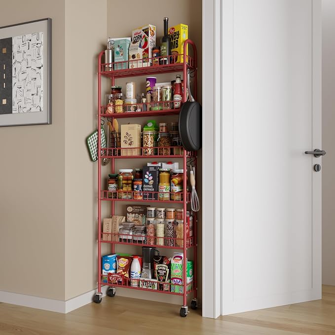 Slim Rolling Storage Cart 6 Tier, Metal Kitchen Rolling Utility Cart with Lockable Wheels for Kitchen, Bathroom, Office, Laundry Room, Small Narrow Spaces (Red 6 Inches)