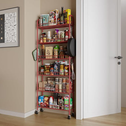 Slim Rolling Storage Cart 6 Tier, Metal Kitchen Rolling Utility Cart with Lockable Wheels for Kitchen, Bathroom, Office, Laundry Room, Small Narrow Spaces (Red 6 Inches)