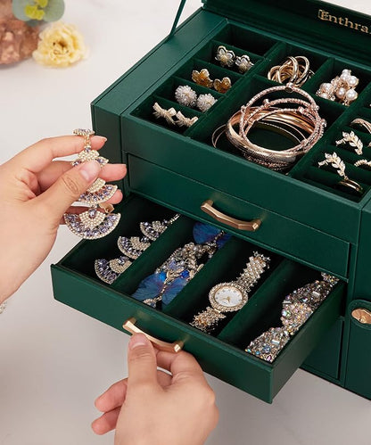 Jewelry Box with 3 Drawers: Display Organizer for Earrings Necklaces - Gifts for Girls Women (Forest Green)