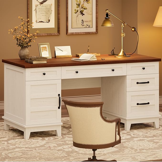60" Executive Desk with Power Outlet, Home Office Desk with Drawers, Wooden Work Desk with File Cabinet, Computer Desk for Work, Study, Writing, White and Brown