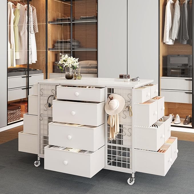 EnHomee 24 Drawers White Dresser for Bedroom, Dressers & Chests of Drawers with 4 Wheels and 40“ * 23” Wide Wooden Top, Metal Frame, Organizer Island with Hooks for Bedroom, Cloakroom, Dressing Room