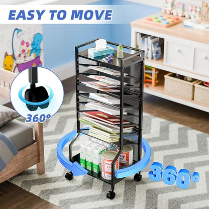 Simple Trending 10 Tier Rolling File Cart, Desk File Organizer with Wheels and Storage Drawers, Legal documents can be stored, Metal Mesh Paper Letter Storage Multi-Functional Clutter Cart, Black