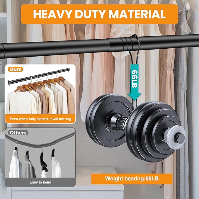 Adjustable Closet Rod - 17 to 84 Inch Heavy Duty Tension Rod for Hanging Clothes, Black Curtain Rod Ideal for Closets, Wardrobes, Bathrooms, and Laundry Rooms (17-84IN)