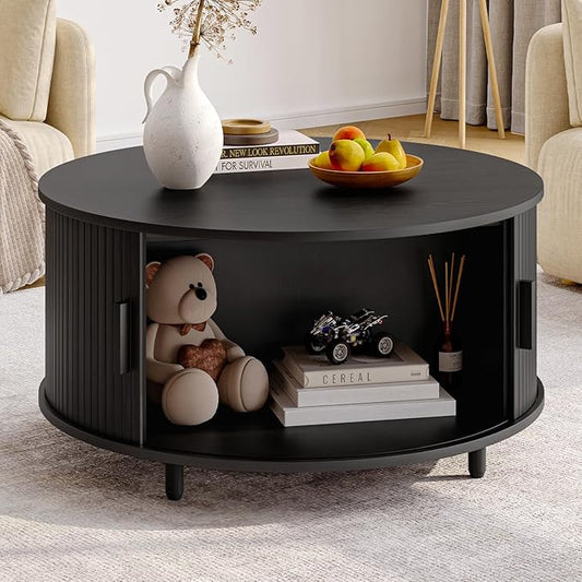 ONBRILL Round Coffee Table with Storage, 31.5" Modern Coffee Table with 360° Curved Sliding Door, Fluted Wood Accent Coffee Table with Adjustable Footpads, Round Center Table for Living Room, Black