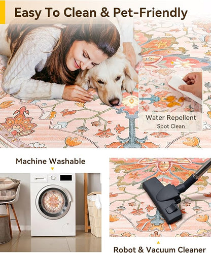 RELEANY Area Rugs Round 10ft Washable Non-Slip, Floral Vintage Distress Medallion Carpet for Living Room Bedroom Dining Room, Light Pink Colorful