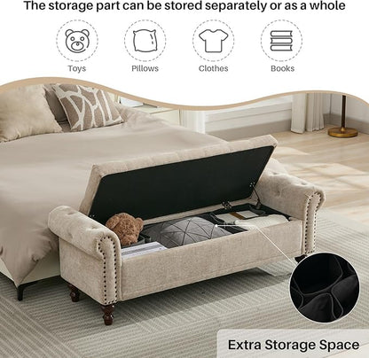58.1" Storage Bench Upholstered Chenille End of Bedroom Bed Bench Ottoman with Tufted Cushioned Rolled Arm Large Storage Space for Reading Living Room Entryway, Light Brown