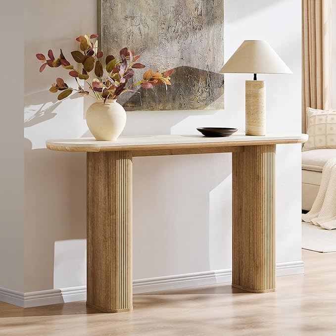 OKD 63 Inch Modern Console Table with Arc Faux Marble Texture Top, Fluted Wood Base, Contemporary Entryway Sofa Table for Living Room, Hallway, Foyer, Natural Oak