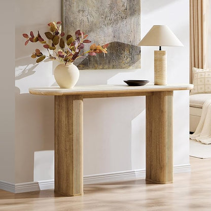 OKD 63 Inch Modern Console Table with Arc Faux Marble Texture Top, Fluted Wood Base, Contemporary Entryway Sofa Table for Living Room, Hallway, Foyer, Natural Oak