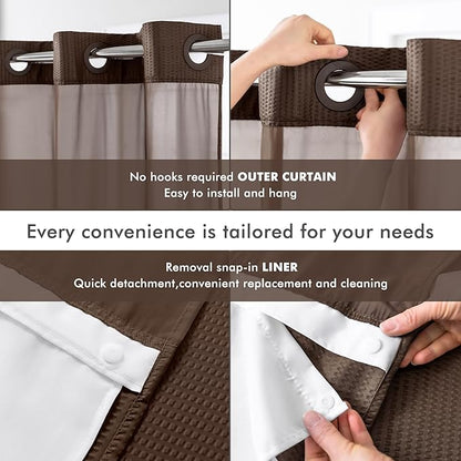 Mrs Awesome No Hook Shower Curtain with Snap-in Liner, Embossed Waffle Design Fabric Shower Curtain for Bathroom, Soft & Lightweight, 71x74, Chocolate