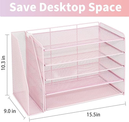 OPNICE Desk Organizer, 5-Tier Paper Organizer Letter Tray with Magazine Holder, Office Desk Accessories & Workspace Organizers, Desktop File Organizer for Office Supplies Storage, Pink