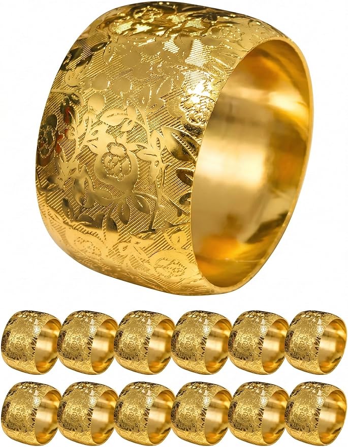 Gold Napkin Rings Set of 12,Gold Metal Napkin Holder for Table,Embossed Floral Pattern,Metal Serviette Rings for Dining Table Setting, Holiday Parties, Banquets & Gift Idea (12PCS)