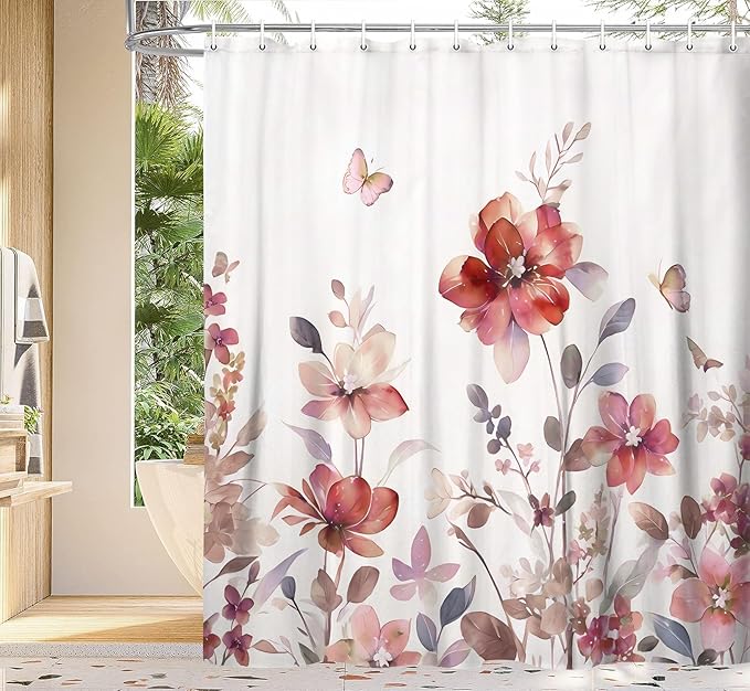Red Floral Shower Curtain, Red Lavender Floral Butterfly Boho Shower Curtains for Bathroom, Farmhous Flower Cute Fabric Shower Curtain Set with 12PCS Hooks, 36X70IN
