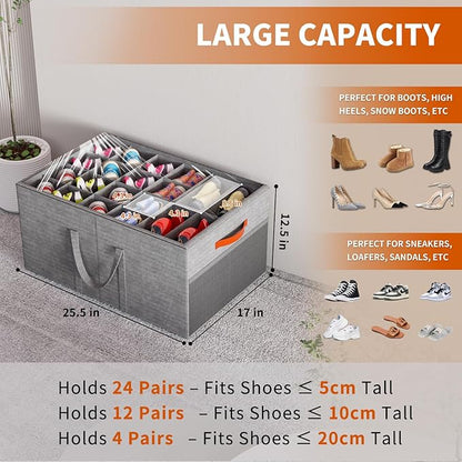 Aokeyee Shoe Organizer for Closet, 2 Pack Large Shoe Storage Box Fits up to 24-48 Pairs, Space Saving Foldable Shoes Organizer Bin w/Clear Cover and 4 Reinforced Handles, Grey