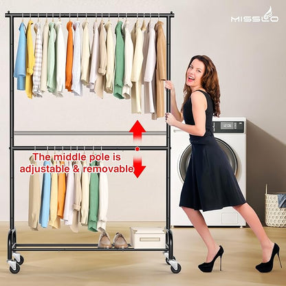 MISSLO Heavy Duty Clothes Rack for Hanging Clothes Rolling Clothing Rack Heavy Duty on Wheels for Coat, Garment, Matte Black (Double Rod)