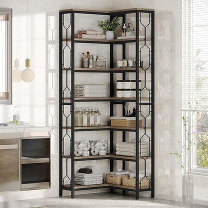 Tribesigns Corner Shelf, 7-Tier Industrial Corner Bookshelf, Wood and Metal Corner Etagere Bookcase, Freestanding Display Shelf for Living Room, Kitchen, Home Office, Gray