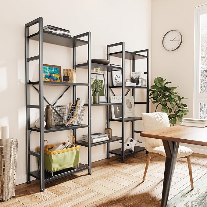 SUPERJARE Triple Bookshelf, Bookcase with 11 Open Display Shelves, Wide Book Shelf Book Case for Home & Office, 4 Tier, Black