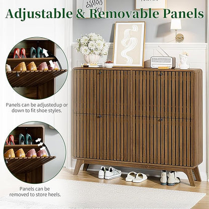 Large Shoe Cabinet for Entryway, Bamboo Narrow Shoe Cabinet Storage with 4 Flip Drawers, Slim Fluted Shoe Rack Organizer for Entry Way, Hallway, Thin, Skinny, Wood, Walnut