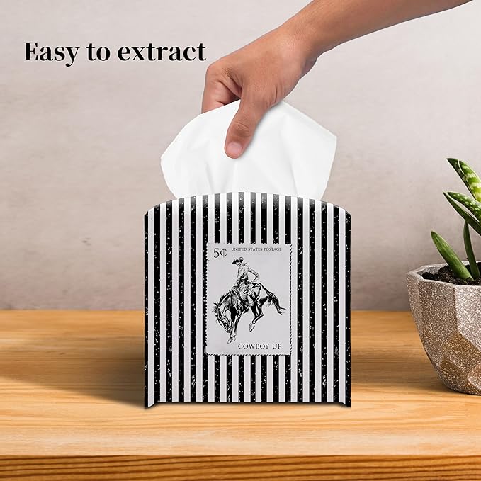 Grace Yonks Retro Tissue Box Cover Square - Cowboy Postage Stamp Design 5.2" PU Leather Holder for Vanity, Desk, or Bathroom Counter - Cube Case for Facial Tissues. (114)