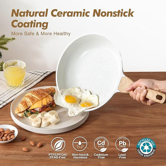 SENSARTE Nonstick Frying Pan Skillets, White Ceramic Coating Omelette Pans, Healthy Cookware Chef's Pan, Free of PTFE & PFAS (8+11Inch with Lid)