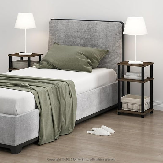 Furinno JUST Night Stand Set of 2, 3-Tier Turn-N-Tube Nightstand, Toolless Bedside Tables, End Table, Side Table with Open Storage for Bedroom, Closet, Dorm, Bathroom, Columbia Walnut