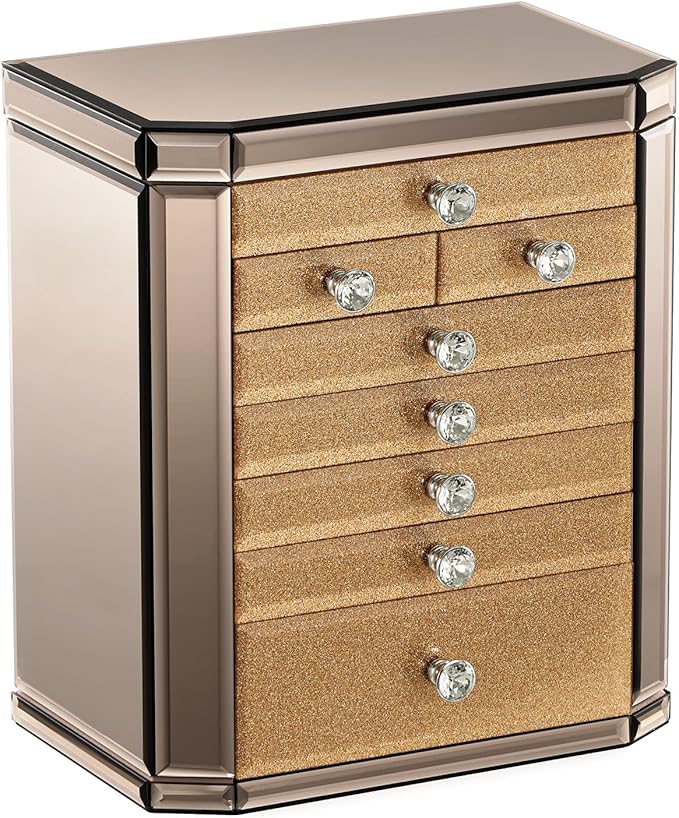 Large High End Glass Jewelry Box - 7 Layer Jewelry Organizer with Mirror, 2-Sided Doors, Velvet-Lined Storage for Rings, Necklaces, Earrings, Bracelets - Christmas Gift for Women