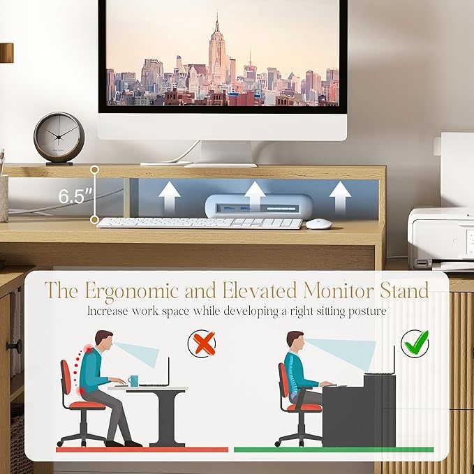 67" L Shaped Executive Desk with Drawers & Storage Shelf, Corner Computer Desk with Power Outlets, Home Office Desk with Monitor Stand, Printer Shelf, Computer Writing Desk for Work, Oak