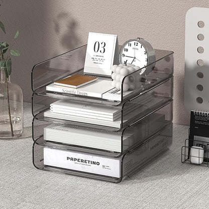 Clear Paper Organizer - Brown Acrylic Stackable Paper Tray for Desk, 4-Tier Letter Tray Organizer with Smooth Edges and Rounded Corners
