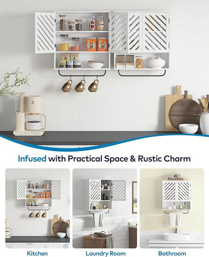 Wall Mounted Bathroom Cabinet with Openwork Doors and Towel Bar, Extra Deep Over The Toilet Storage, Waterproof Farmhouse Medicine Cabinet for Bathroom, Laundry Room (23.6"x8.3"x23.6", White, 2PCS)