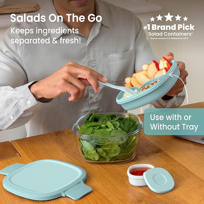 Bentgo Glass Salad Container - 7.6-Cup Salad Bowl with Airtight Lid, Leak-Proof Sauce Container, 4-Compartment Bento Tray & Reusable Fork - BPA-Free for Meal Prep, Office & More (Coastal Seaglass)