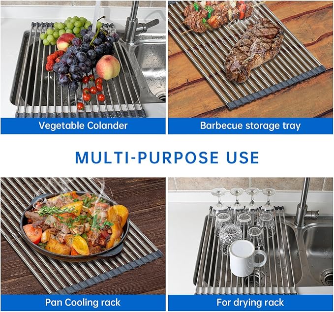 Expandable Large Draining Rack, Roll Up Heat-Resistant Dish Drainer for Stainless Steel Sinks, Collapsible Over The Sink Rack Non-Slip Silicone Rolling Up Rack 18 Tube