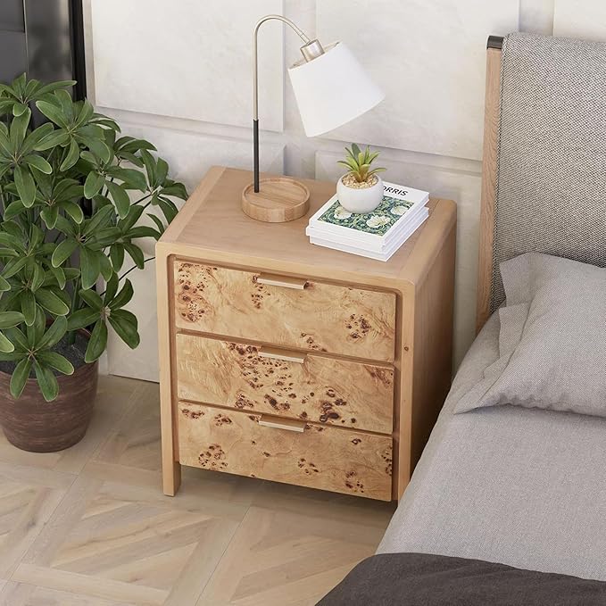 COZAYH Burl Finish 3 Drawer Nightstand, Wood Rustic Farmhouse Dresser, Vintage Accent Storage Bedside Table for Bedroom Entryway, Fully Assembled, Natural