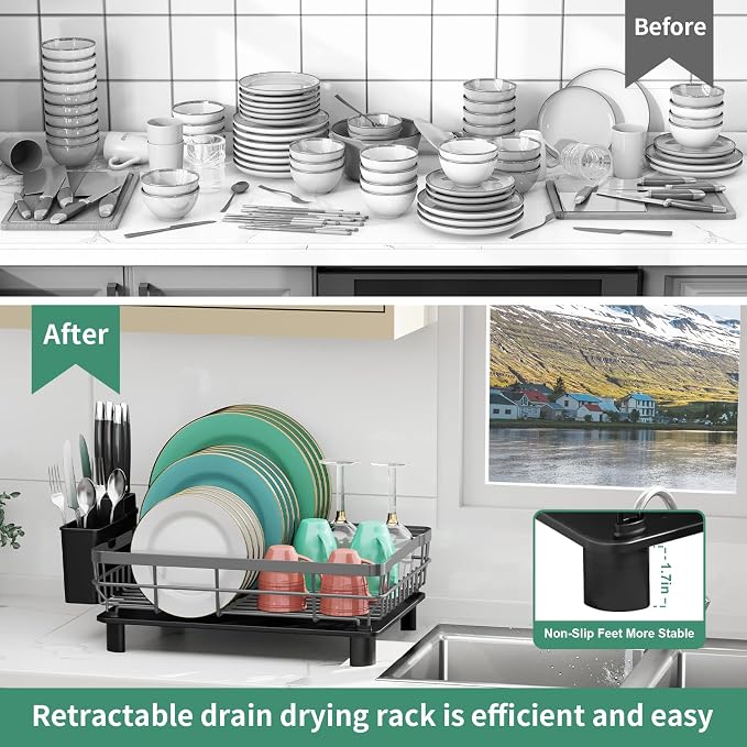 MOUKABAL Dish Drying Rack, Dish Rack, Stainless Steel Dish Racks for Kitchen Counter, Dish Drainer with Removable Utensil Holder, Drainboard (Grey,13''W x 17''L)