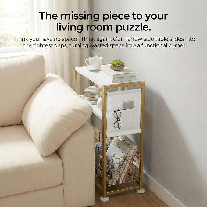 Skinny Side Table with Storage, 3 Tier Slim Side Tables for Small Spaces, Skinny End Table Narrow Bedside Table Narrow Side Table for Living Room, Bedroom
