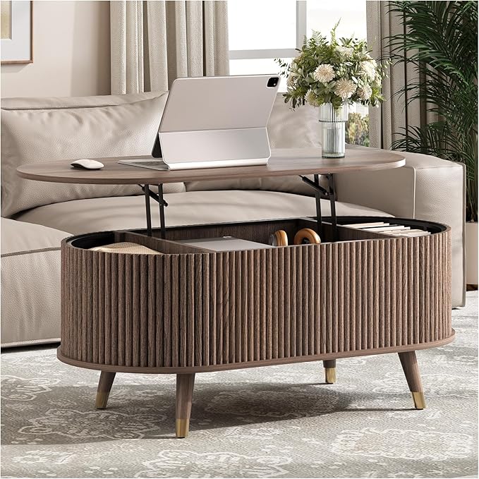 SULIVES Oval Coffee Table with Storage, Multifunctional Coffee Table with Lifting Top, Small Fluted Center Table for Living Room, Walnut