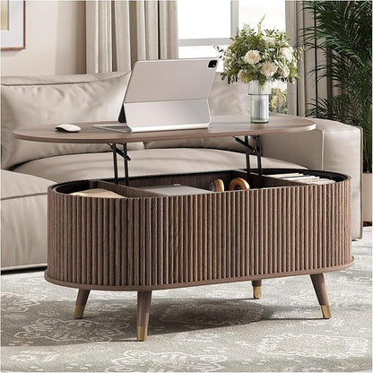 SULIVES Oval Coffee Table with Storage, Multifunctional Coffee Table with Lifting Top, Small Fluted Center Table for Living Room, Walnut