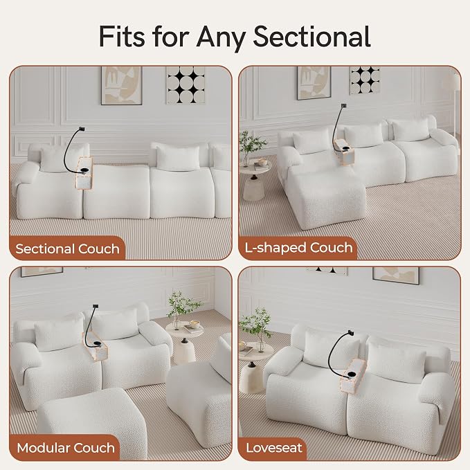 Couch Caddy with Cup Holder Multifunctional Couch Armrest Charging Console Phone Holder Sofa Arm Rest 20.3'' Removable White Chenille Sofa Organizer Remote Snack Storage for Livingroom Couches
