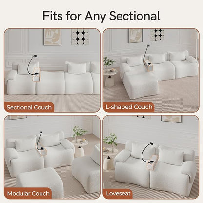 Couch Caddy with Cup Holder Multifunctional Couch Armrest Charging Console Phone Holder Sofa Arm Rest 20.3'' Removable White Chenille Sofa Organizer Remote Snack Storage for Livingroom Couches