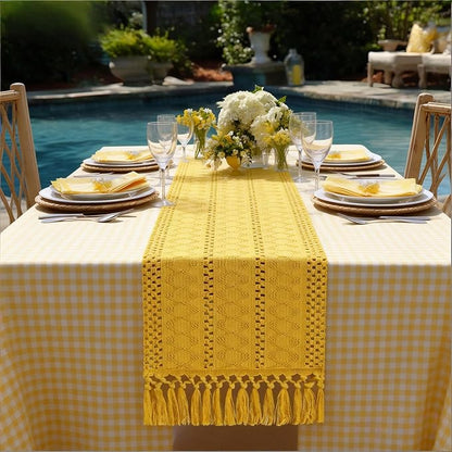 Socomi Boho Table Runner Valentine's Day Farmhouse Rustic Dining Kitchen Centerpiece Decor Small Macrame Woven Cotton Linen Coffee Table Runner for Dresser Scarf Home Decor 12x48 in Yellow Gold