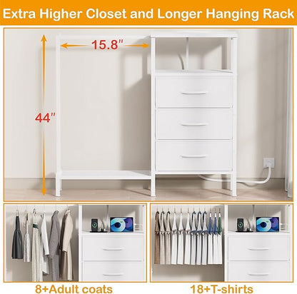 Dresser for Bedroom with Hanging Rack, 3 Drawers Closet with Charging Station, Faric Chest of Drawers with Clothes Rack, Storage Organzier for Hallway Entryway, White