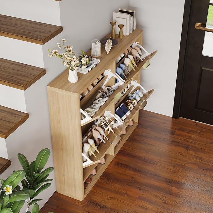 Shoe Storage Cabinet for Entryway with 4 Flip Drawers, 47.2" Large Modern Freestanding Shoe Organizer with Fluted Doors & Hidden Shoe Rack - Slim Enclosed Shoe Rack for Hallway (Oak)