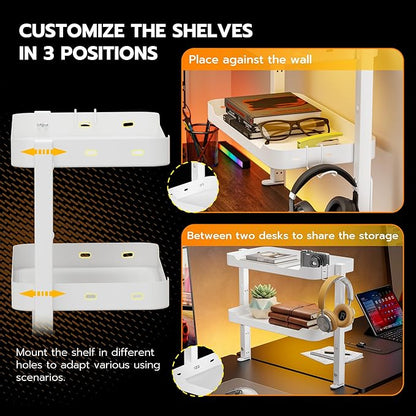 ARES WING 2-Tier Clamp On Desk Shelf, 16 inch Adjustable Above or Under Desk Storage Shelves Holds 44 lbs, Heavy Duty Desktop Organizer with Headphone Holder for Working and Gaming Accessories, White