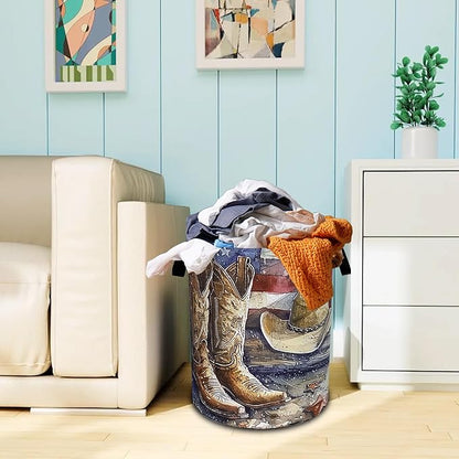 Cowboy Hat Boots Laundry Basket American Flag Oxford Cloth Laundry Hamper With Handle Foldable Portable Clothes Storage Basket 18.9 X 16.5 In Storage Bag For Laundry Room/Bathroom/Bedroom/Dormitories