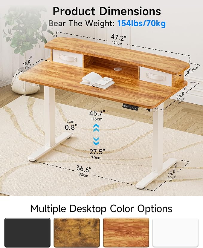 BIZUM Standing Desk with 2 Drawers Computer Desk-Stand up Desk Home Office Gaming Memory Desks C-Clamp Mount Compatible, 48x24 Inch Light Rustic Brown