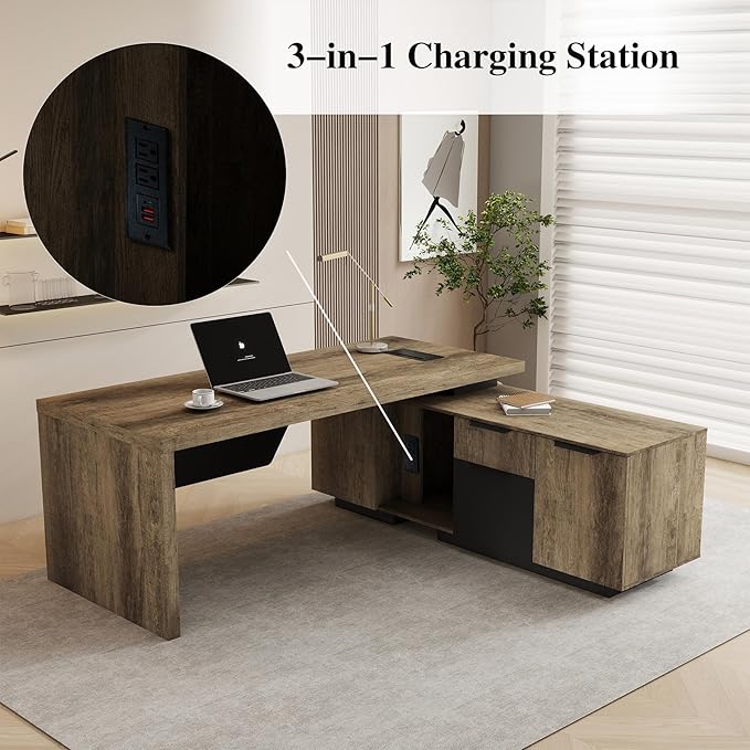 SAINTCY L-Shaped Executive Desk, Retractable Office Desk with Drawers, Large Wood Computer Desks for Boss, Bussiness Owners, Manangers and Supervisors, Adjustable Width (Left Return, 70.86" to 78.7")