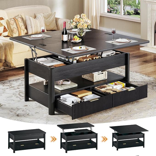 HUAHUU 40" Lift Top Coffee Table with Storage, 4 in 1 Square Coffee Table with Hidden Compartment & Open Shelf & 2 Drawers, Modern Coffee Tables with Lifting Top for Living Room, Home, Office, Black